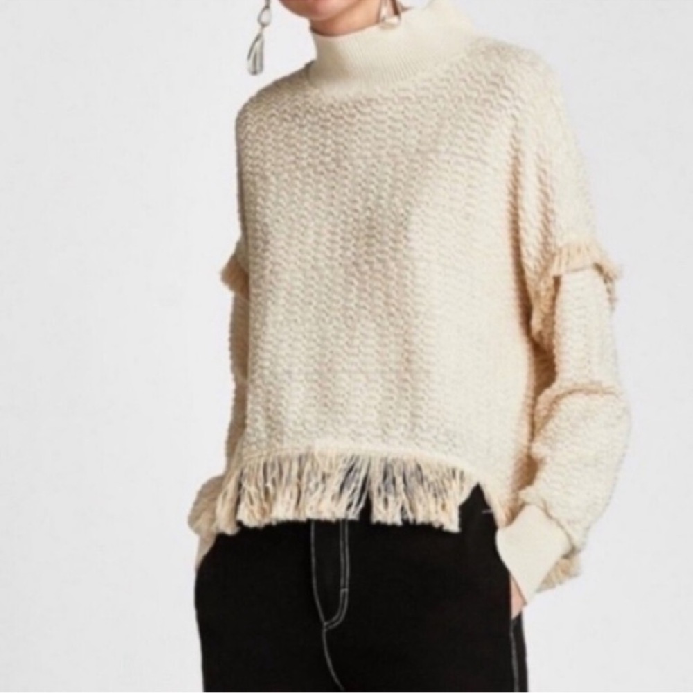 ZARA Fringe Mock Neck Ivory/Cream Sweater Size XS
